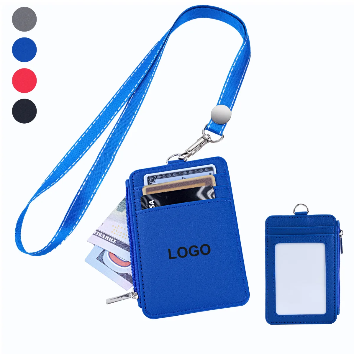 Leather ID Badge Card Holder With Zippered Pocket & Lanyard